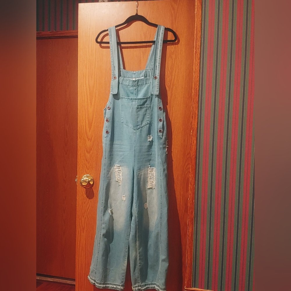Slouchy Distressed Denim Overalls Super Soft & Comfy - Picture 8 of 9